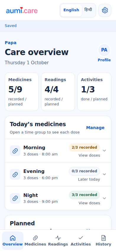 Child’s Care overview showing the shared care record. Fictional example records.