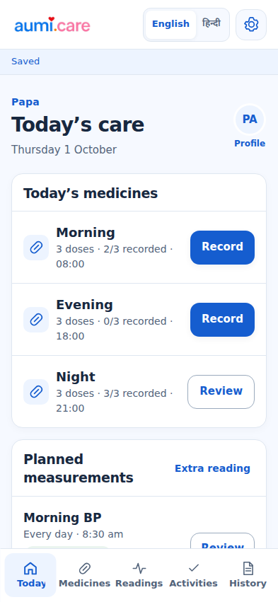 Parent recording view showing today’s medicines and planned health readings. Fictional example records.